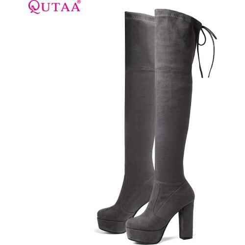 QUTAA 2020 Women Over The Knee High Boots Sexy Elegant Winter Shoes Square High Heel Round Toe Platform Women Boots Size 34-43