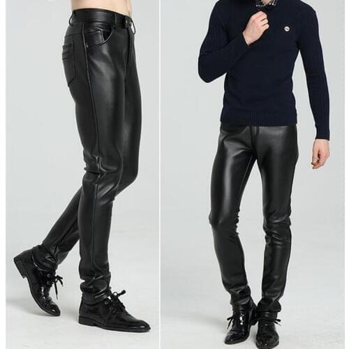 Black autumn winter fashion slim mens faux leather pants motorcycle men trousers thicken windproof pants for men plus velvet