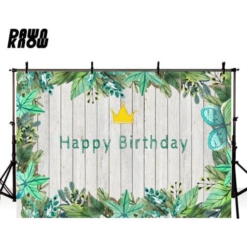 DAWNKNOW Cartoon Green Leaf Photography Background Baby Birthday Party Photocall Wood Floor Floral Photo Backdrop Children lv610