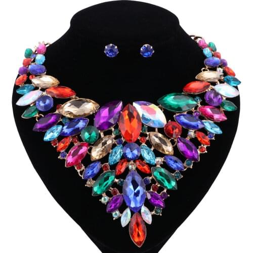 Dubai Women Romantic Crystals Drop Earrings and Pendant Necklace Wedding Party Accessories Gold Color Bridal Jewelry Sets