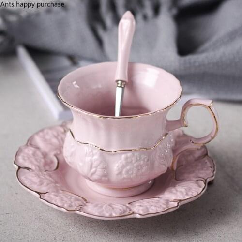 European Embossed Flower Coffee Cup Gilded Ceramic Milk Tea Mug Household Cup and Saucer Set Kitchen Utensils Home Decoration