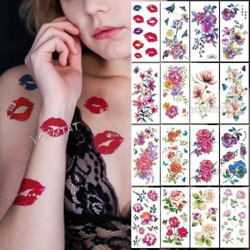 Red Rose Lips Body Art Waterproof Fake Tattoo Flowers For Women Flash Water transfer Temporary Tatoo Stickers