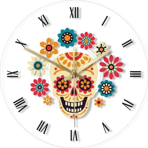 Day of the Dead Colorful Floral Sugar Skull Mexican Art Acrylic Transparent Wall Clock Dia De Los Muertos Decorative Wall Watch