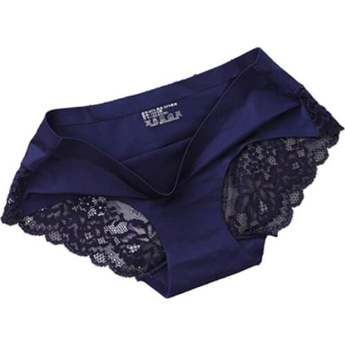 Lace Lady Mid Waist Large Size Breathable Comfortable Sexy Panties Ice Silk Slim Knit Pure Color Increase flower Underpants A11