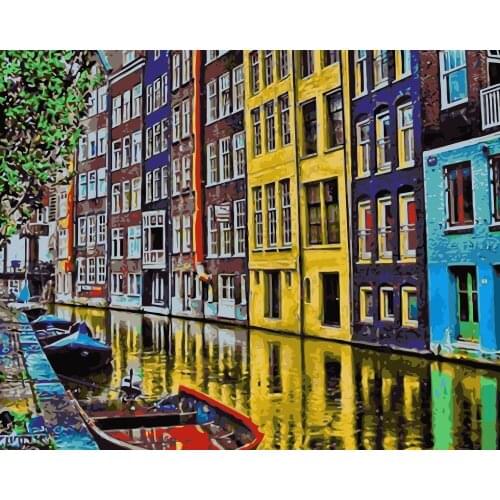 MaHuaf-i776 colorful buildings along the river in Amsterdam painting by numbers oil paint by number kits canvas painting