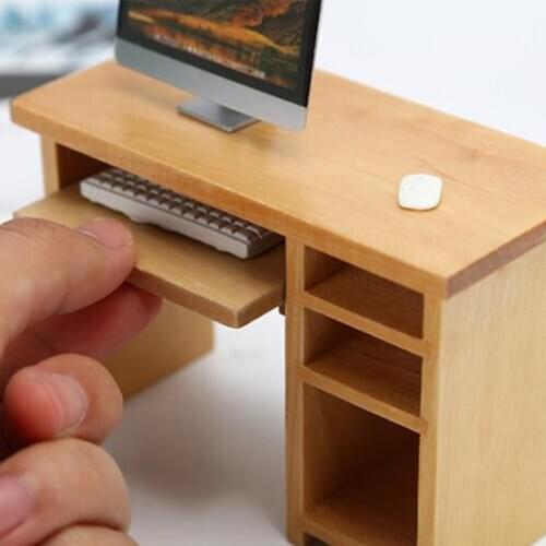1set 1/12 Dollhouse Miniature Desk With Keyboard And Mouse Wooden Toys Dollhouse Furniture For Dollhouse Decals