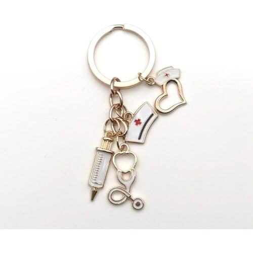 2021 New Doctor Medical Tool Golden Nurse Hat Stethoscope Syringe Key Ring Nurse Medical Student Gift Keychain Gift for Nurse