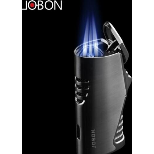 Jobon New Triple Torch Lighter Visible Gas Window 3 Jet Turbo Butane Gas Cigar Lighter Windproof Metal Spray Gun Pipe Lighter