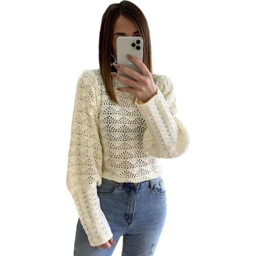 Autumn Winter Women Knitted Sweater Round Neck Jacquard Loose Hollow Out Pullovers Warm Elegant Solid Lantern Sleeve Female Tops