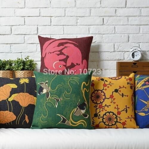45X45cm Squres Plain Cushion Cover Cotton Linen Printed Car Home Deco carp/goldfish/lotus leaf/plum blossom/scarab