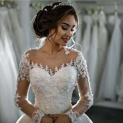 Luxury Long Sleeve Wedding Dress Sequins Lace Tulle Plus Size Elegant Vintage O-Neck Button Back Illusion Bride Gowns For Woman