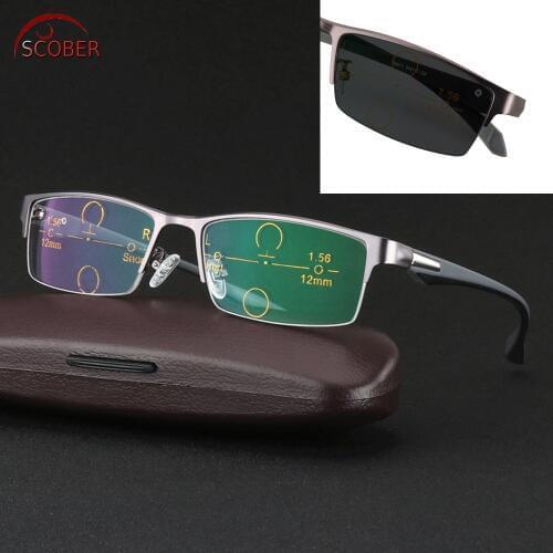 SCOBER = Ultralight al-mg alloy frame TR90 legs photochromic progressive multifocal reading glasses Bifocal +1 +1.5 TO +3.25