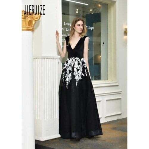 JIERUIZE Sexy V Neck Black Evening Gowns Sleeveless Lace UP Back Lace Appliques Prom Dresses Organza Formal Dress