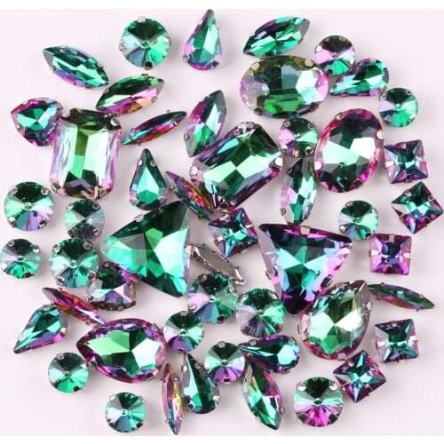 Silver claw settings 50pcs/bag shapes mix Emerald rainbow glass crystal sew on rhinestone wedding dress shoes bags diy trim