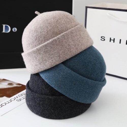 Winter Spring Men Women 100% Wool Retro Dome Melon Brimless Beanie Cap Unisex Camel Trendy Color Elastic Panels Docker Hat