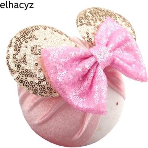 Classic Mouse Ears Velvet Head Wrap 5'' Sequins Bow Turban Girls Glitter Elastic Headband Infant Beanie Cap Kids Hair Accessory