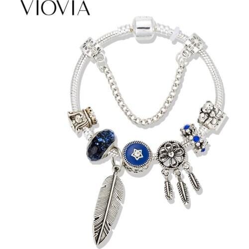VIOVIA Silver Color Dream catcher Charm Bracelet For Women Snake Chain Luxury Glass Beads bracelet Pulseras Mujer Jewelry B19037