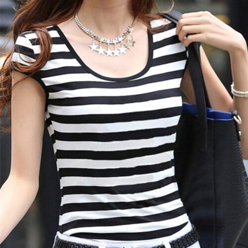 Summer Womens T-shirt Korean Slim Fashion Stripe Black White O-Neck Top Hot Selling Wild Casual Shirt