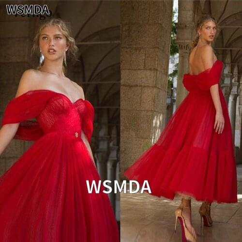 2021 Sexy Red Off the Shoulder Short Evening Dresses Ankle Length A Line With Sleeves Lady Formal Party Gowns