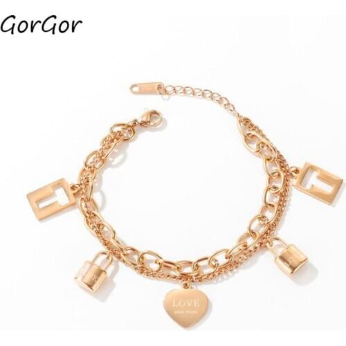 GorGor Bracelets Women Stainless Steel Originality Statement Minimalist Double Concentric Lock Love Heart Fashion Jewelry 1078