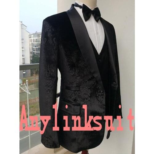 Real Photo Flannel With Pattern Groom Tuxedos Shawl Lapel Men Business Suits Wedding Prom Dinner 3 Piece Blazer NO:518
