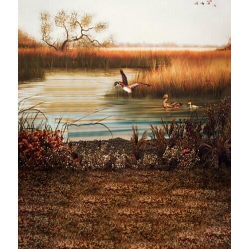 Fall Yellow Grass Tree Mandarin Duck Photography Backdrops Photo Props Studio Background 5x7ft