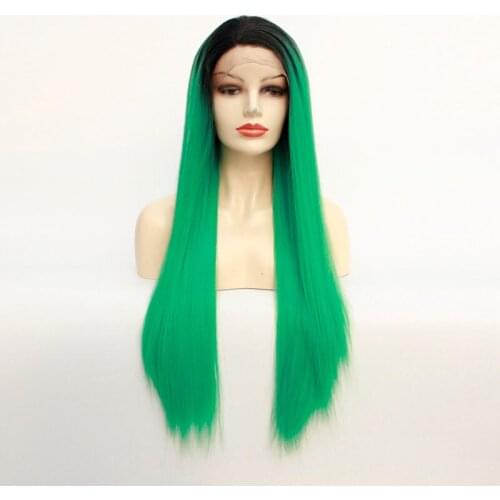 Emerald-Green Silky Straight Lace Front Wig for Women Synthetic Wig Ombre Green Two Tone Color Dark Roots Heat Resistant Hair