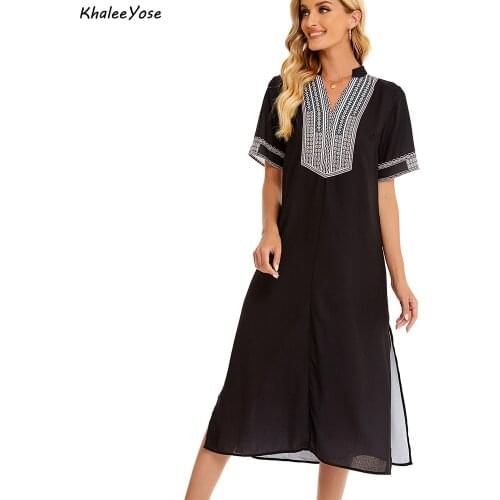 Khalee Yose Boho Floral Embroidery Maxi Dress Black Ethnic Summer Holiday Women Dresses Split Sexy Casual Female Ladies Dress