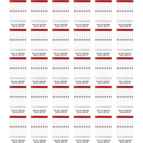 300pcs 30Values*10pcs 1W Zener Diode Assorted Kit 3V 3.3V 3.6V 5.1V 5.6V 10V 12V 13V 15V 20V 24V 30 47V Diode kit Assortment Set