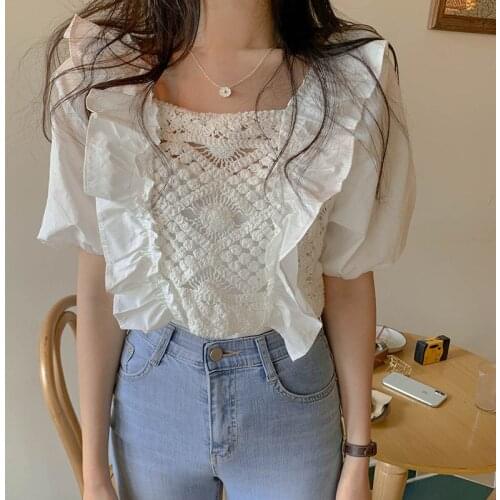 Bubble Sleeve Short Lace Blouse Female Summer Outfit New Style Retro Square Collar Hollow-out Sex Shirt