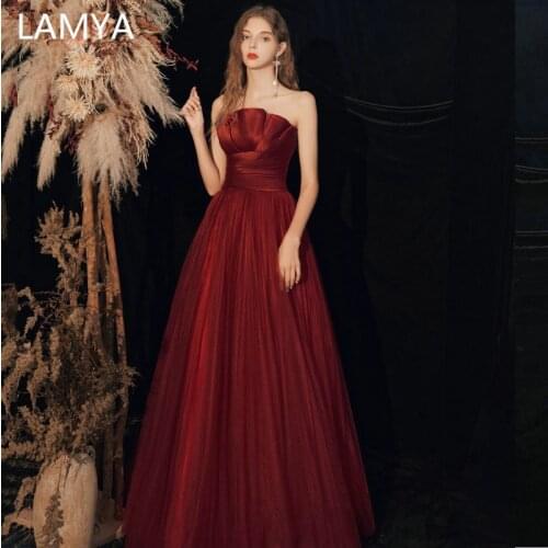 LAMYA 2021 Strapless Satin Evening Dresses Burgundy Tulle Fashionable Prom Gown Elegant Wedding Party Dress Вечерние Платья