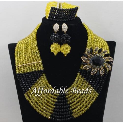 Lemon Yellow Black African Beads Set Latest Lace Jewelry Set Handmade Item Wholesale Free Shipping ABE162