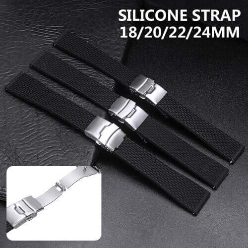 Fashion Black Silicone Watch Strap Waterproof Sport Replacement Band Safety Folding Clasp With Spring Bars Strap 18/20/22/24mm
