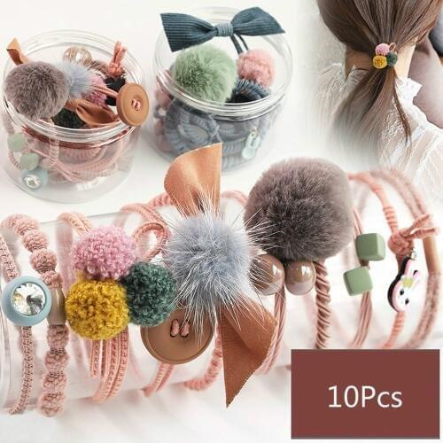 10Pcs Elastic Hair Bands Set Furry Hairball Hair Ties Women Girls Ponytail Holder Hair Rope Rubber Bands headband Accessories