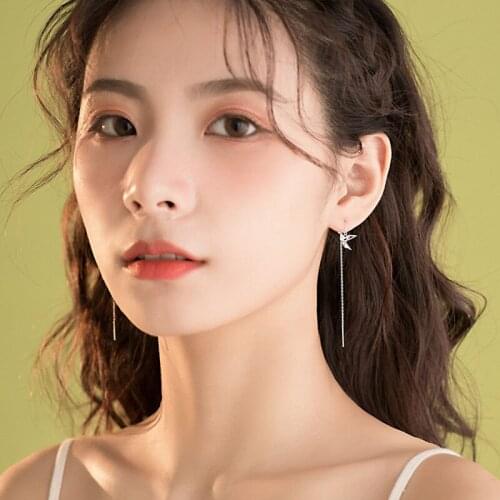 New S925 Silvery Long Earrings Cute Animal Bird Crane Eardrop Women Wedding Party Fine Minimalist Jewelry Fashion Birthday Gifts