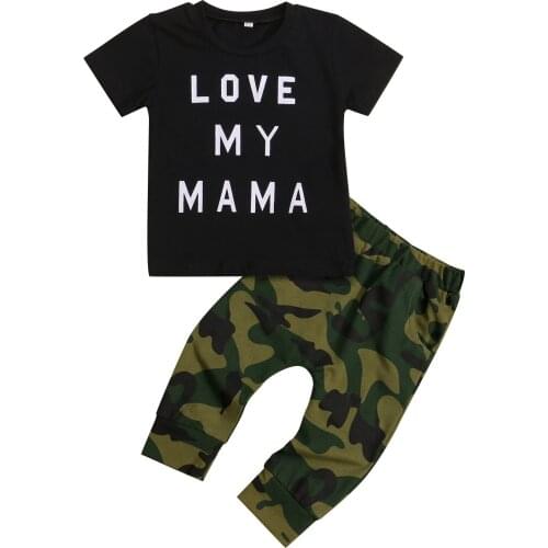 6M-3Years Baby Boys 2Pcs Fall Outfits Short Sleeve Letter Print Tops + Camouflage Pants Set