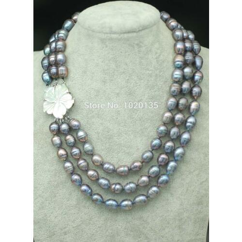 3rows freshwater pearl necklace black egg 10-13mm 17-19" nature wholesale beads FPPJ