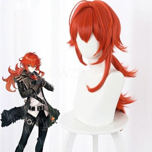 Genshin Impact Diluc Cosplay 60cm Long Red Wig Cosplay Anime Cosplay Wigs Heat Resistant Synthetic Wigs Halloween
