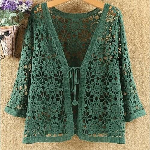Sexy Hollow Lace Jacket Women Sunscreen Cardigan Sweater Loose Air Conditioning Knitted Thin Section Female Spring Summer Y935