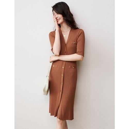 Dress Women Casual Style 65% Viscose Blended Knitted V Neck Short Sleeves Straight 2 Colors Sheath Dresses Ladies New Fashion