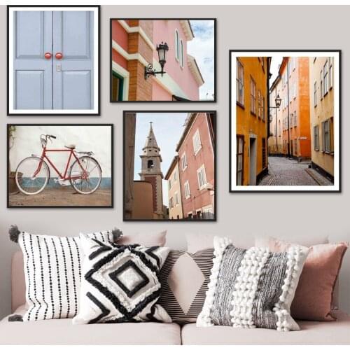 Prague Building Church Street Bike Door Wall Art Canvas Painting Nordic Posters And Prints Wall Pictures For Living Room Decor