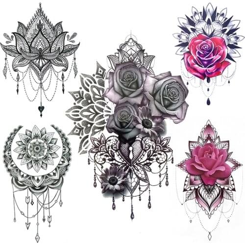 Sexy Rose Flower Temporary Tattoos For Women Fake Jewelry Tattoo Henna Mehndi Pendants Waterproof Tatoos Body Chest Back Chains