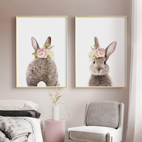 Nordic Modern Rabbit Animal Print Nursery Canvas Painting Lovely Picture Decoration Flower Poster Living Room Bedroom Wall Art