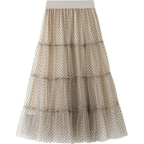 Summer Women Dress High Waist Mesh Skirts Tulle Skirts Elastic Vintage Dot Casual Long Pleated Tutu Skirts Female Beach Skirks