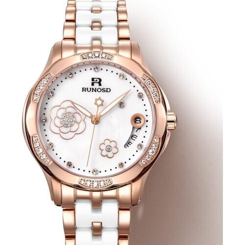 RUNOSD Rose Gold Womens Watch Mechanical Movement Ceramic Bracelet Sapphire Crystal Bright Zircon Dial Stainless Steel 8318L