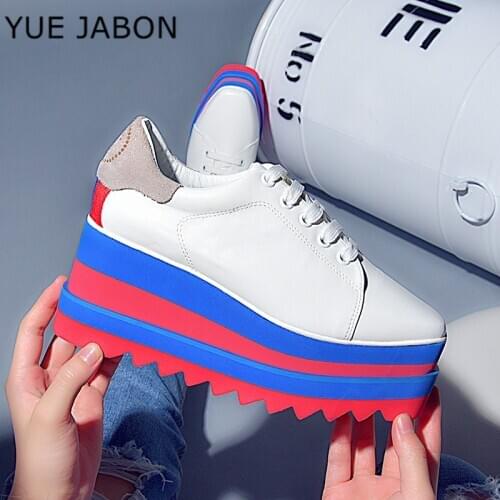 Spring/Autumn Women Platform Shoes Genuine Leather Sneakers Thick Bottom Casual Shoes Women Lace-Up Flat Platform Shoes 8CM heel
