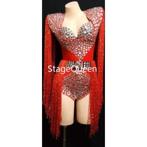 Female White Blue Red Big Rhinestones Tassel Bodysuit Bra Women Birthday Celebrate Outfit DJ Women Singer Show Nightclub Costume