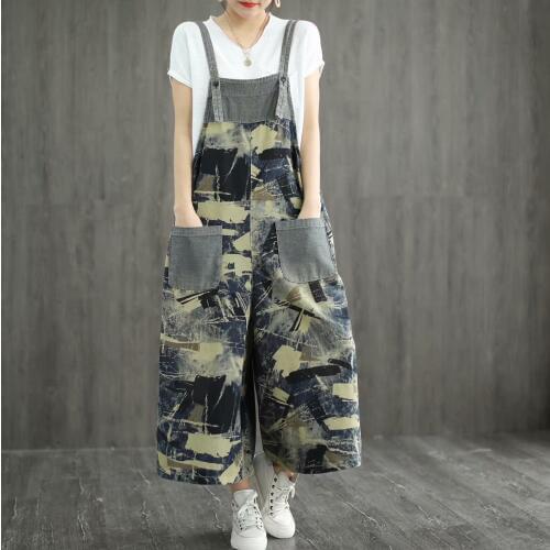2021 Summer Jumpsuits Wide Leg Pants Retro Women All-match Denim Rompers Casual Pockets Print Loose Ladies Strap Overalls
