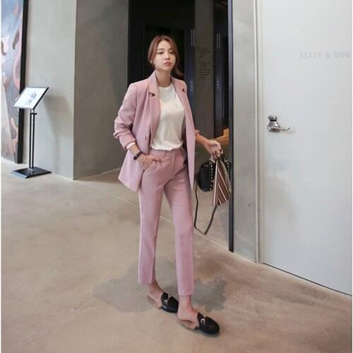 2019 Autumn Korean Style Women Two Piece Set Fashion Double-breasted Long Sleeve Blazer + Casual Long Pants 2 Piece Womens Suit