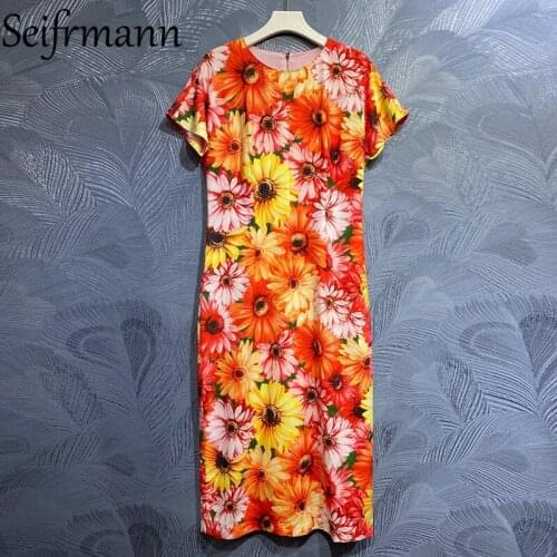 Seifrmann New 2021 Summer Women Fashion Runway Party Midi Dress Short Sleeve Floral Print Elegant Slim Fit Ladies Pencil Dresses